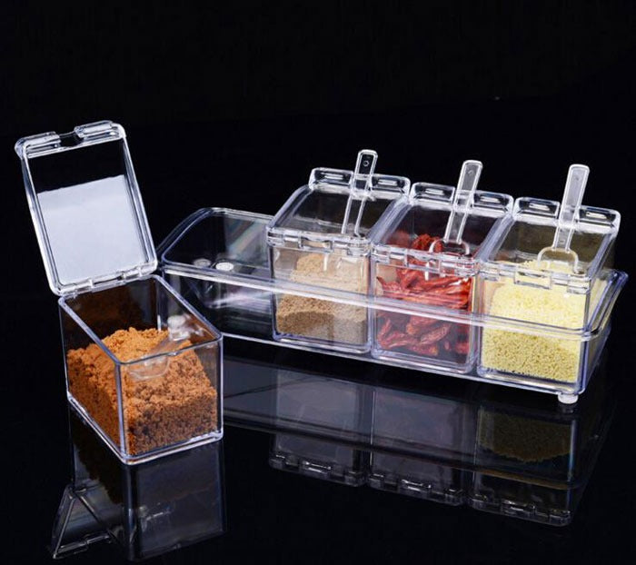 Crystal Seasoning Box With 4 Compartments And Spoons –Transparent Spic e Storage Container Set For Kitchen Organization