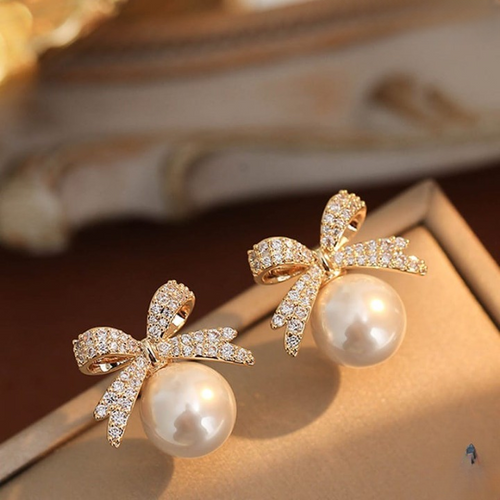 Bow sparkle diamond pearl stud earrings / Pearl Earrings Women's Earrings for Gift - Golden