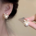 Bow sparkle diamond pearl stud earrings / Pearl Earrings Women's Earrings for Gift - Golden