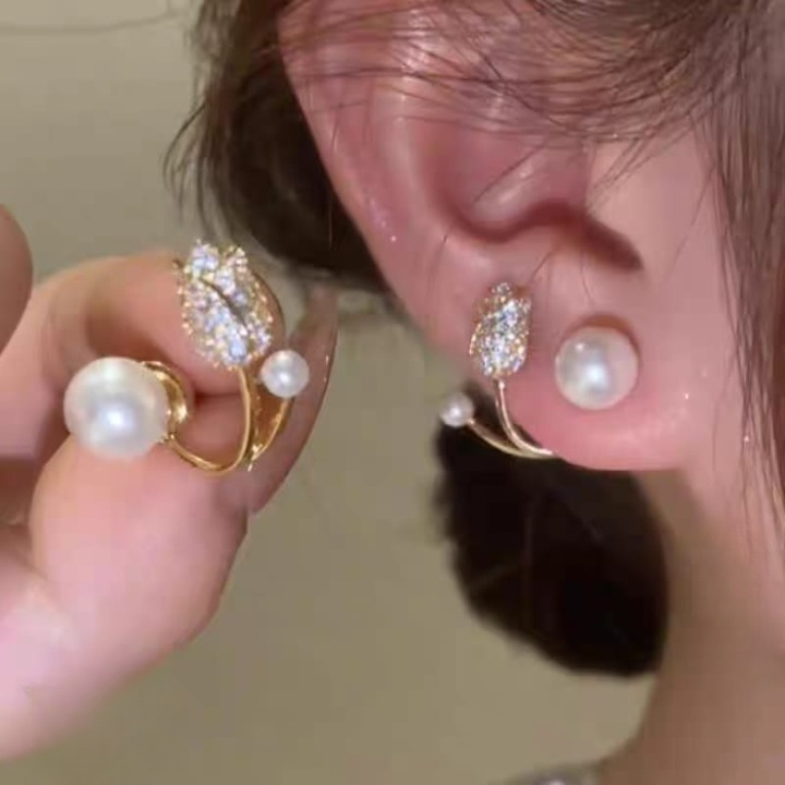 Beautiful Pearl Zircon Korean Flower Earrings for Women – Elegant Floral Design with Sparkling Zircon and Pearl Detailing | Premium Silver and Golden Fashion Jewelry for Parties, Weddings, and Daily Wear | AWT-999 - Golden