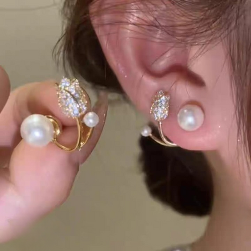 Beautiful Pearl Zircon Korean Flower Earrings for Women – Elegant Floral Design with Sparkling Zircon and Pearl Detailing | Premium Silver and Golden Fashion Jewelry for Parties, Weddings, and Daily Wear | AWT-999 - Golden