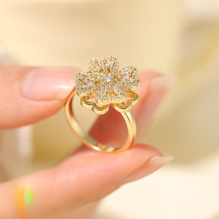 Clover Zircon Rotating Ring – Elegant Adjustable Spinner Ring for Women & Girls, Silver & Golden Finish (QSJ-110)  - Golden