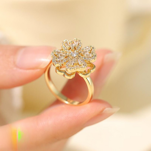 Clover Zircon Rotating Ring – Elegant Adjustable Spinner Ring for Women & Girls, Silver & Golden Finish (QSJ-110)  - Golden