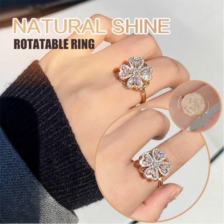 Clover Zircon Rotating Ring – Elegant Adjustable Spinner Ring for Women & Girls, Silver & Golden Finish (QSJ-110)  - Golden