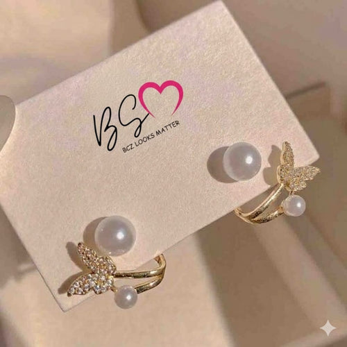 AXJ-161 Butterfly Pearl Korean Earrings - Golden