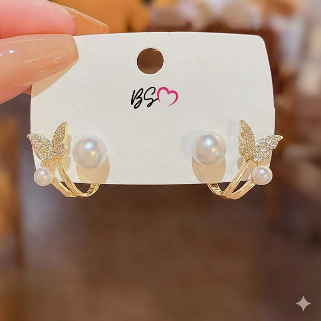 AXJ-161 Butterfly Pearl Korean Earrings - Golden