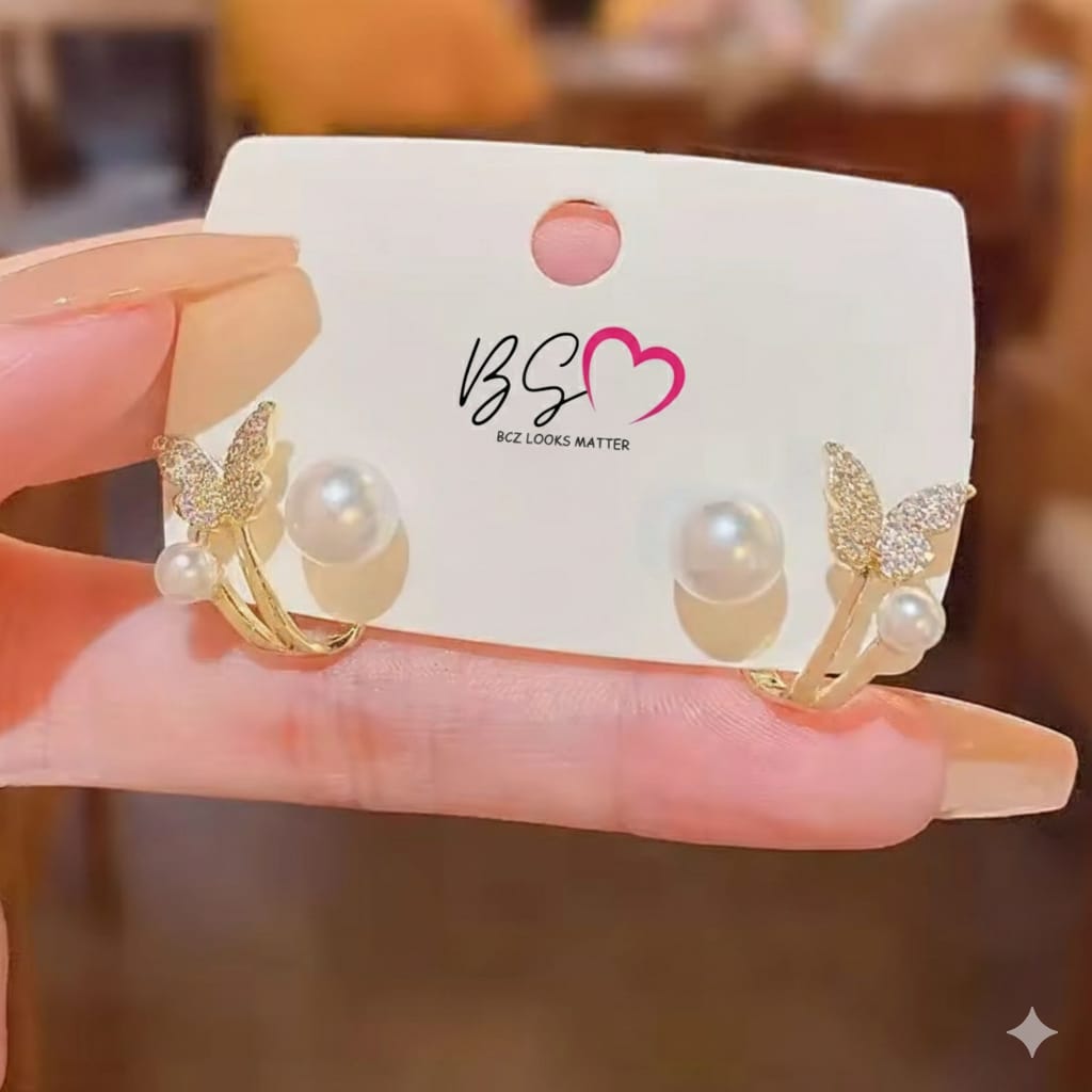 AXJ-161 Butterfly Pearl Korean Earrings - Golden