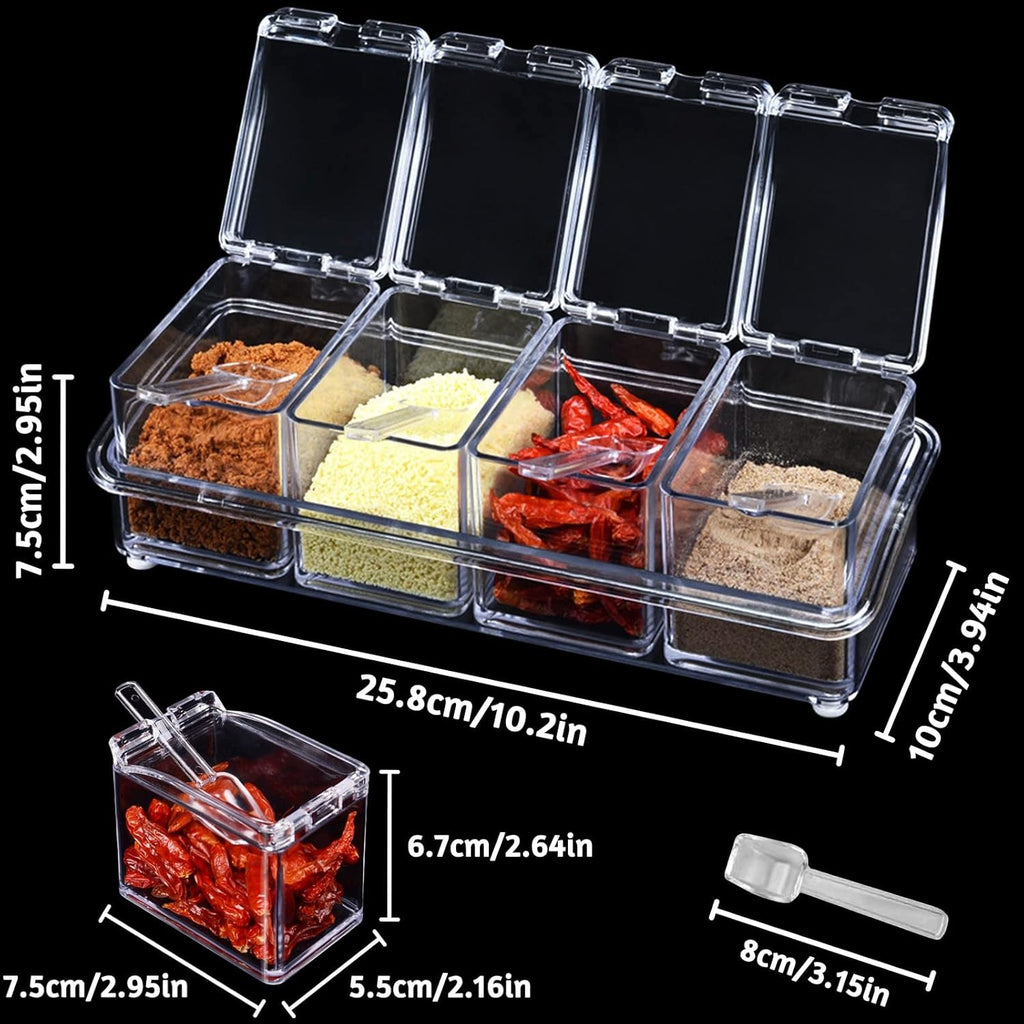 Crystal Seasoning Box With 4 Compartments And Spoons –Transparent Spic e Storage Container Set For Kitchen Organization