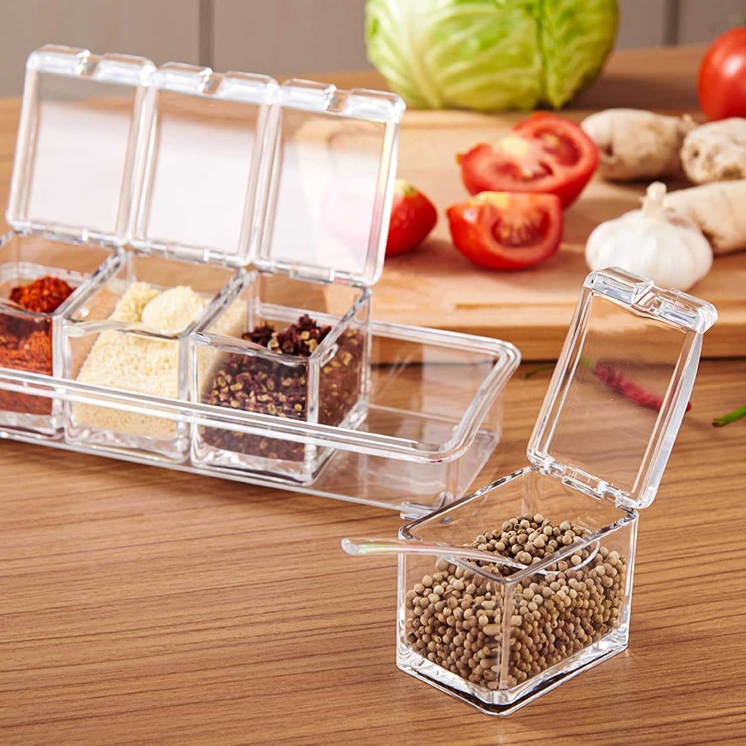 Crystal Seasoning Box With 4 Compartments And Spoons –Transparent Spic e Storage Container Set For Kitchen Organization