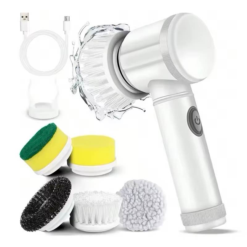 Electric Cleaning Brush With Multiple Attachments For Efficient Home Cleaning – 360° Rotating Scrubber With Sponge, Brush, And Steel Wool Heads