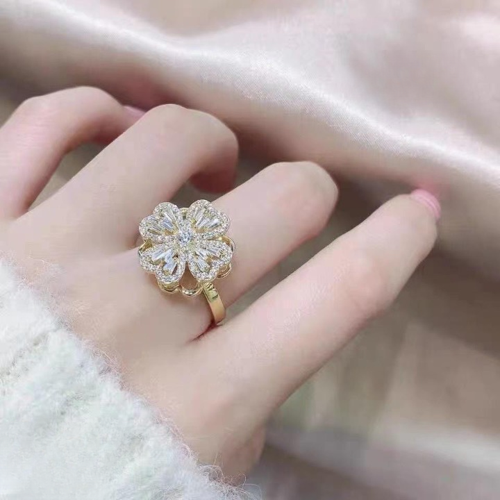 Clover Zircon Rotating Ring – Elegant Adjustable Spinner Ring for Women & Girls, Silver & Golden Finish (QSJ-110)  - Golden