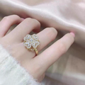 Clover Zircon Rotating Ring – Elegant Adjustable Spinner Ring for Women & Girls, Silver & Golden Finish (QSJ-110)  - Golden