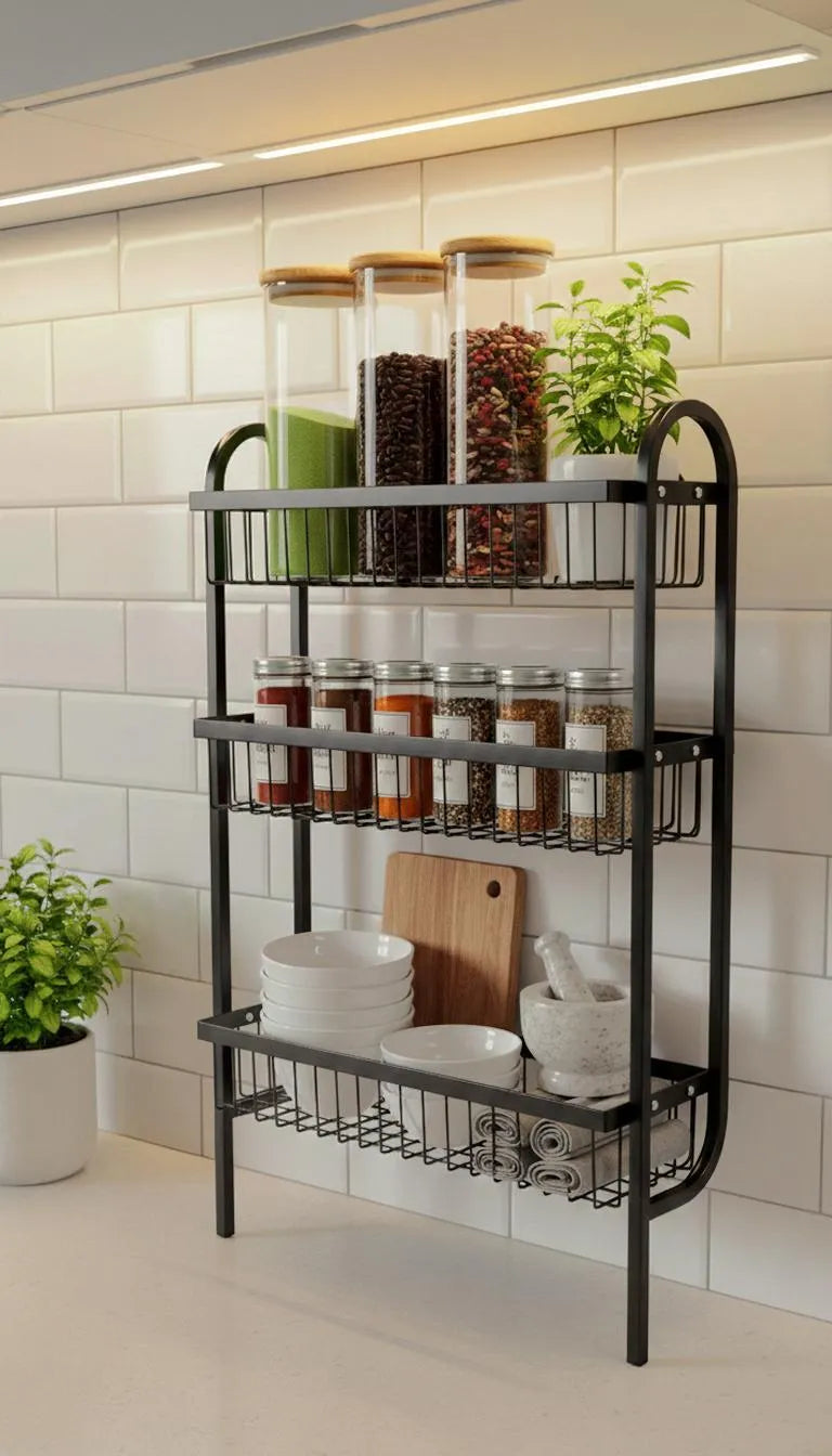 Wall Mounted Spice Rack Black Stainless Steel 3 Tier – DIY Assembly Required (Self Assemble