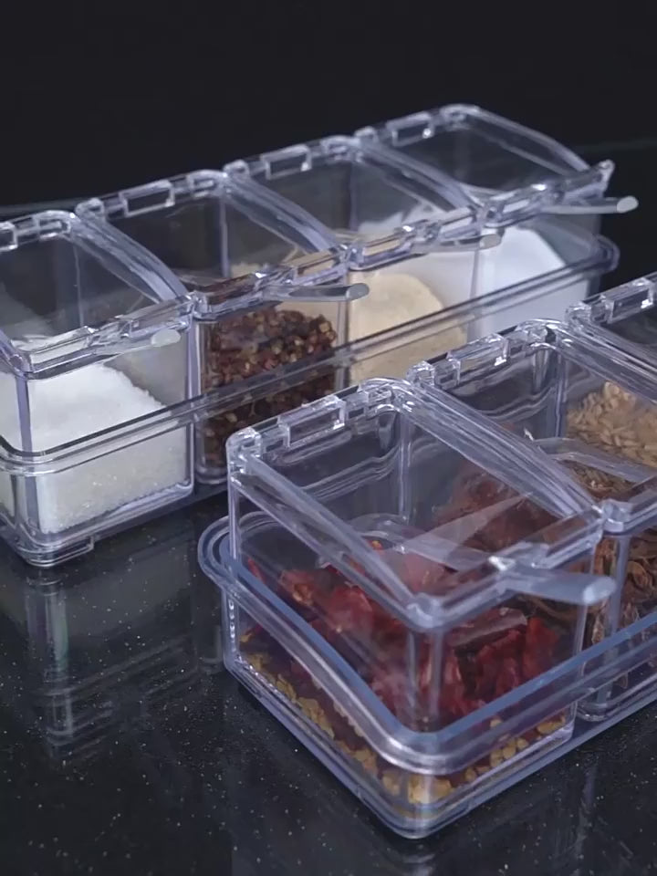 Crystal Seasoning Box With 4 Compartments And Spoons –Transparent Spic e Storage Container Set For Kitchen Organization